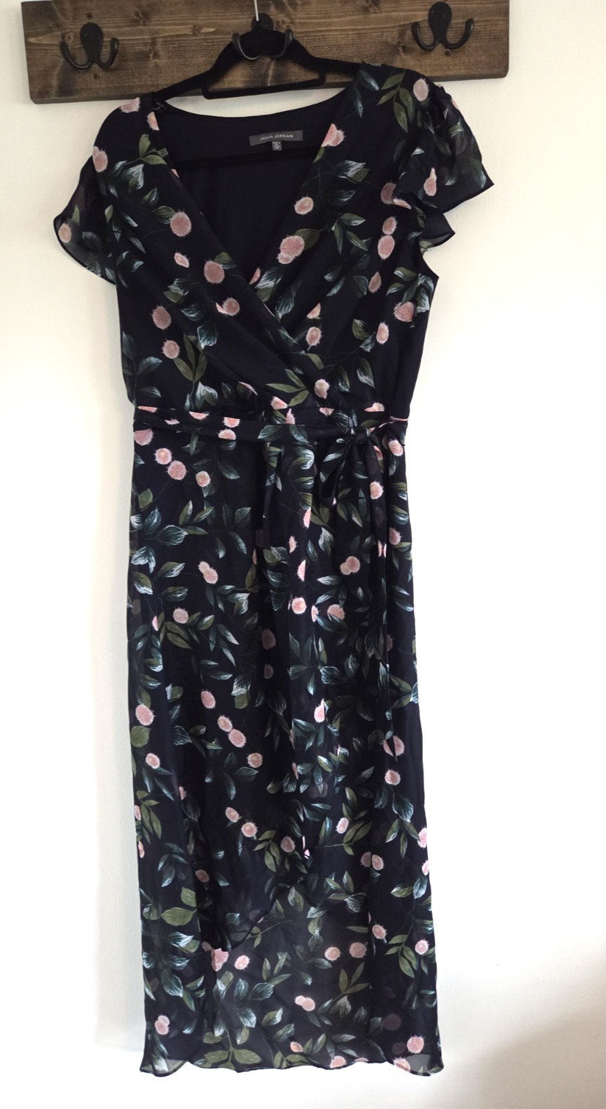 Julia Jordan Navy Floral Faux Wrap Belt Dress Peek a Boo Skirt 14 Flowy