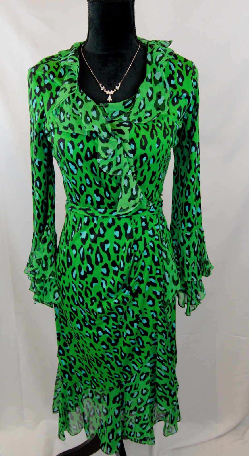 Diane Von Furstenberg Green Blue Leopard Print Ruffle Silk Wrap Dress Size 6