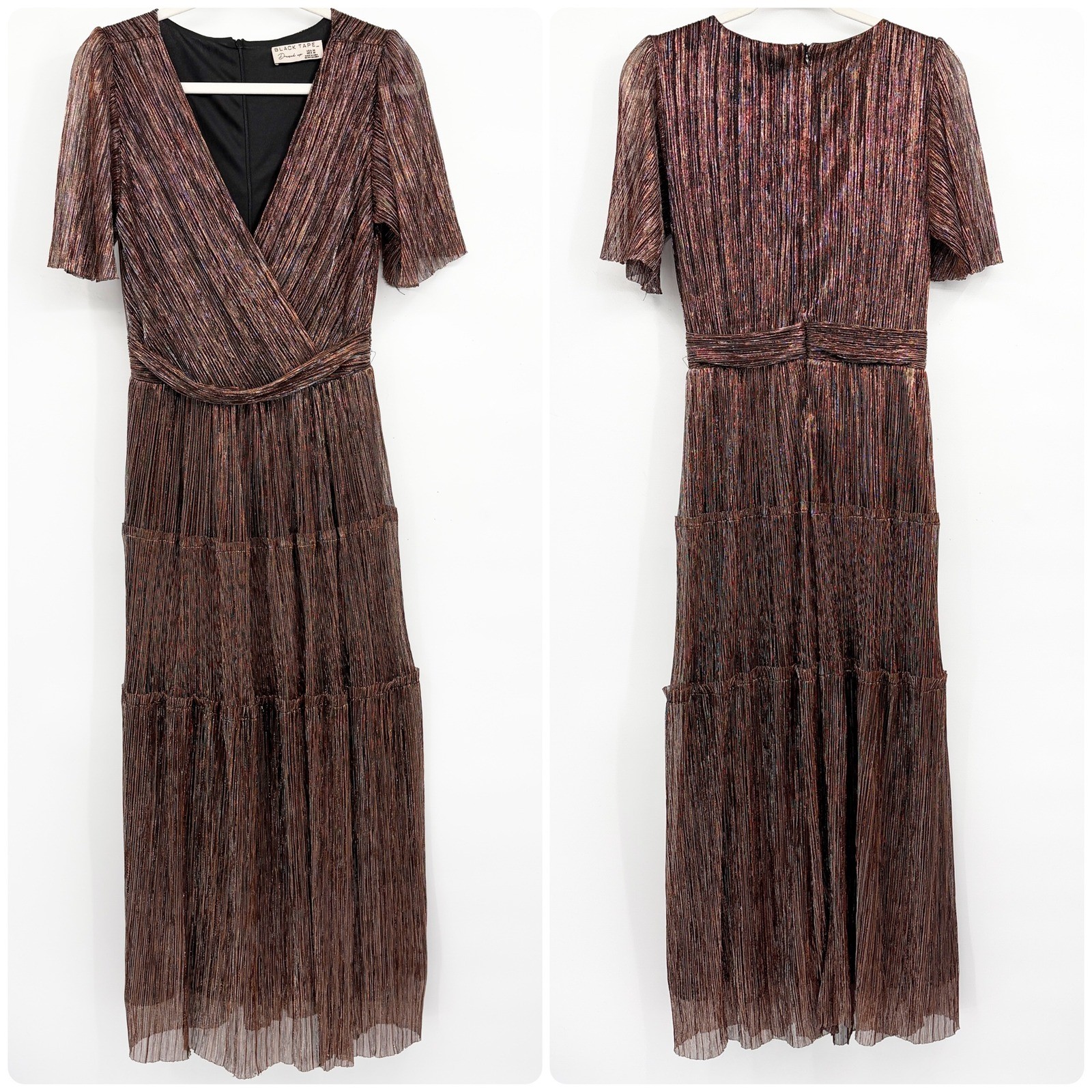 Black Tape Womens Bronze Metallic Plisse Tiered Glam Holiday Maxi Dress Size M