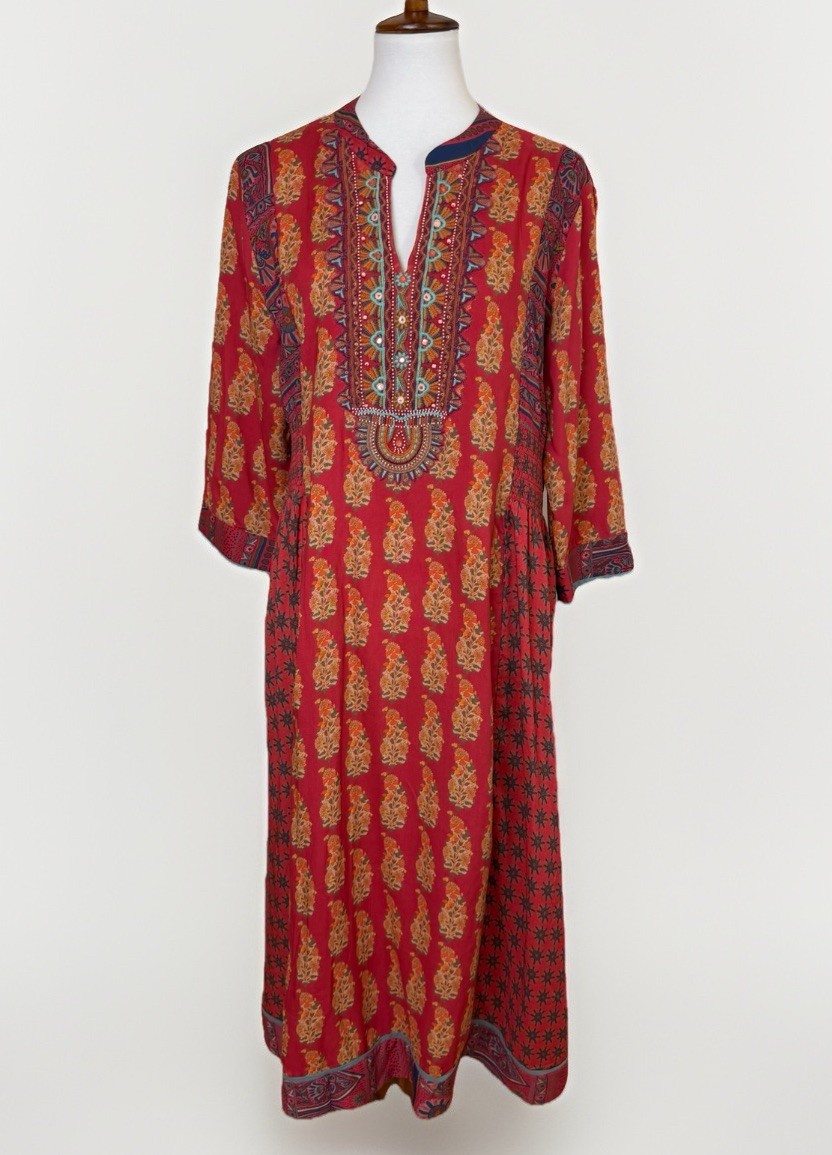 Soft Surroundings Phoenix Midi Dress Sz XL Boho Embroidered Block Print Tribal