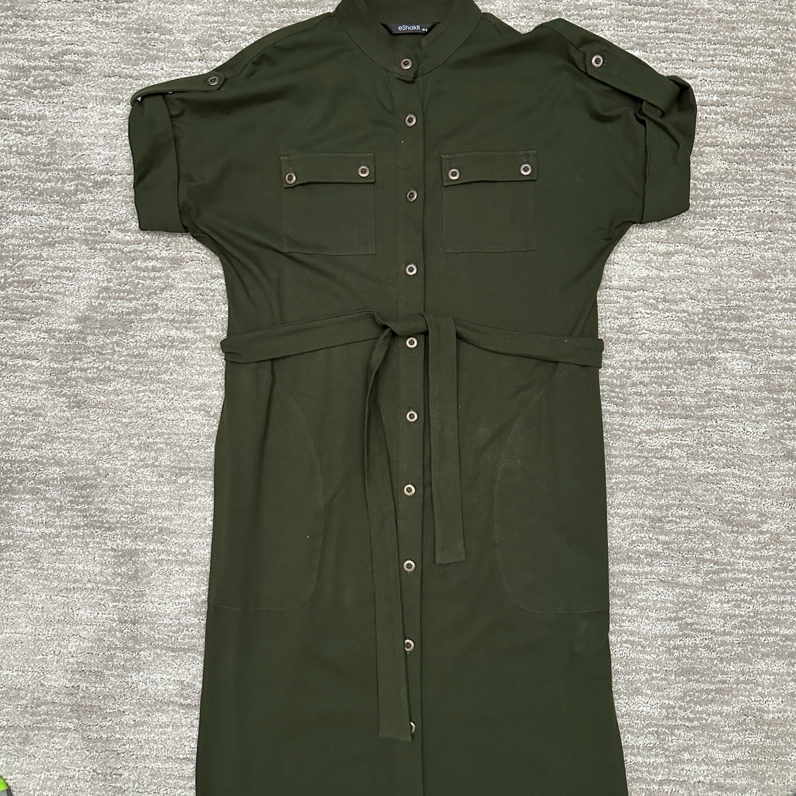 eShakti Dress Womens Medium Green Belted Button Front Pockets Utility Shirt