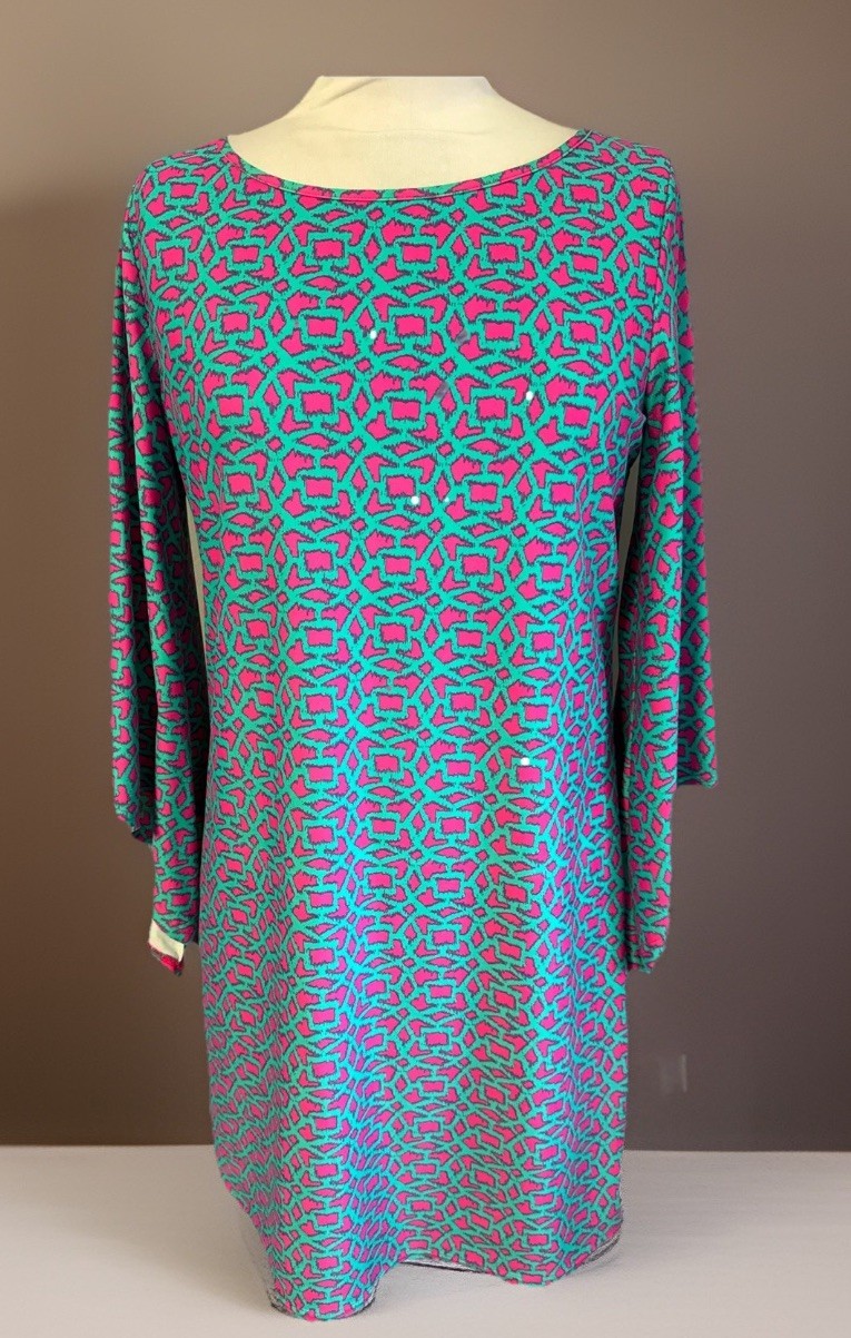 Aryeh Pink Teal Shift 3/4 Length Bell Sleeve Stretch Dress Medium