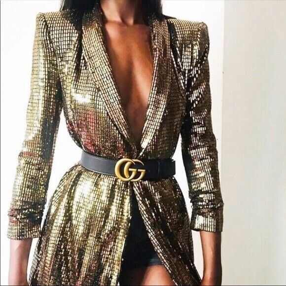 Zara Gold Metallic Sequin Blazer Tuxedo Mini Dress XS Holiday Party Housewives