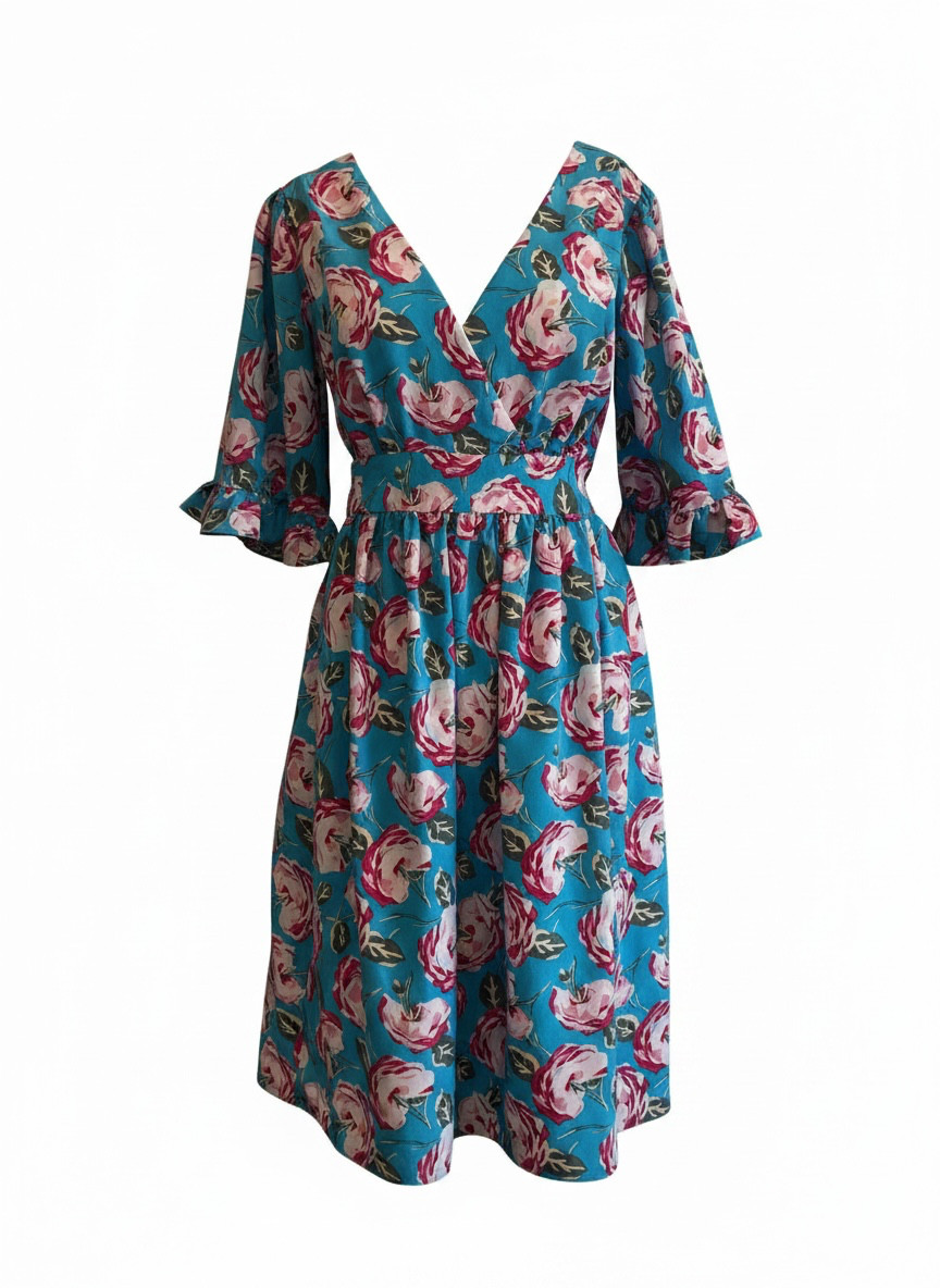 Betsey Johnson Blue Rose Floral Faux Wrap Ruffle Dress Size 12 Feminine