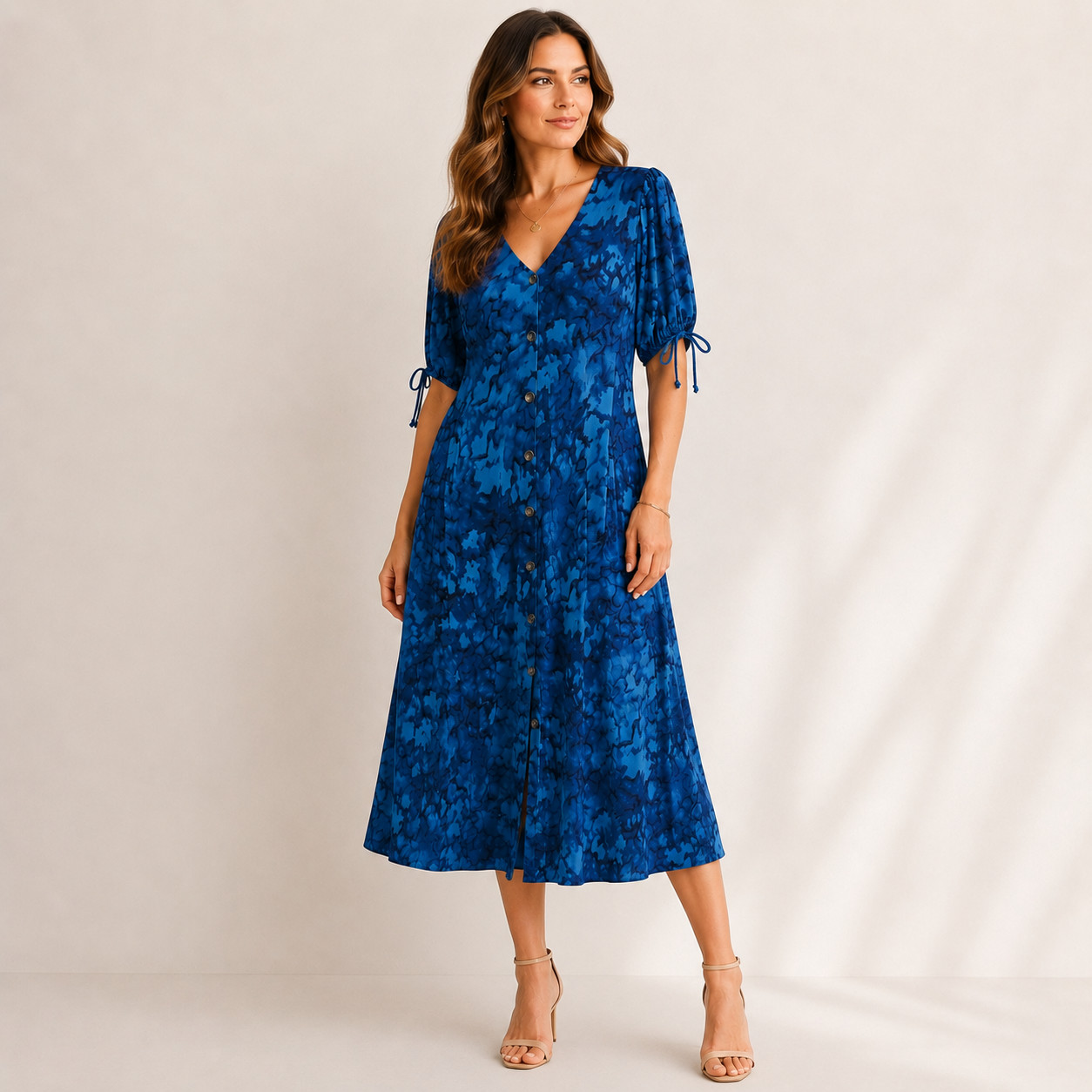 Susan Graver Liquid Knit Button-Up Dress Women’s Size XL Blue Tie Midi Office