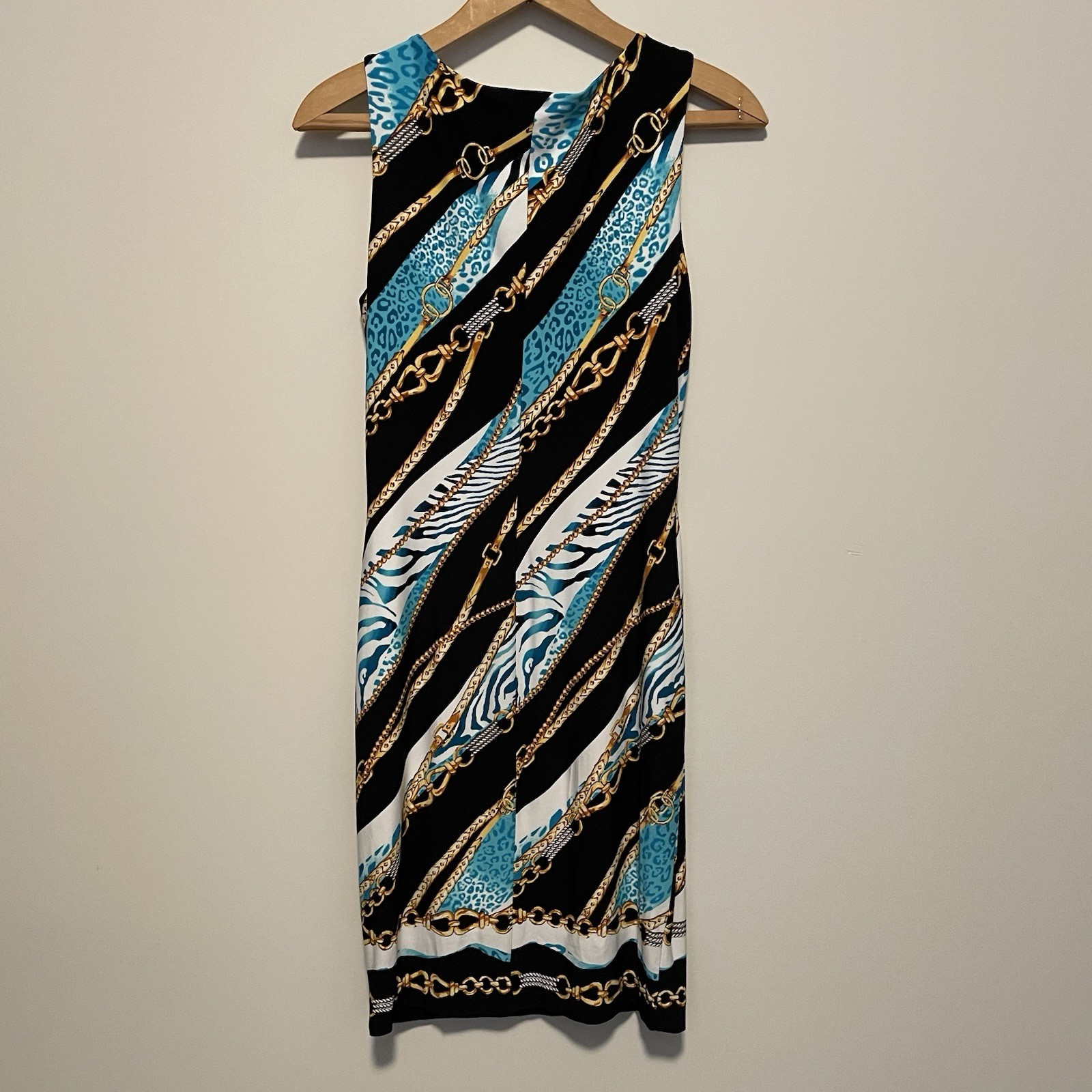 Cache Belt Chain Link Animal Print Bodycon Sheath Dress Sleeveless Clubwear 0 XS