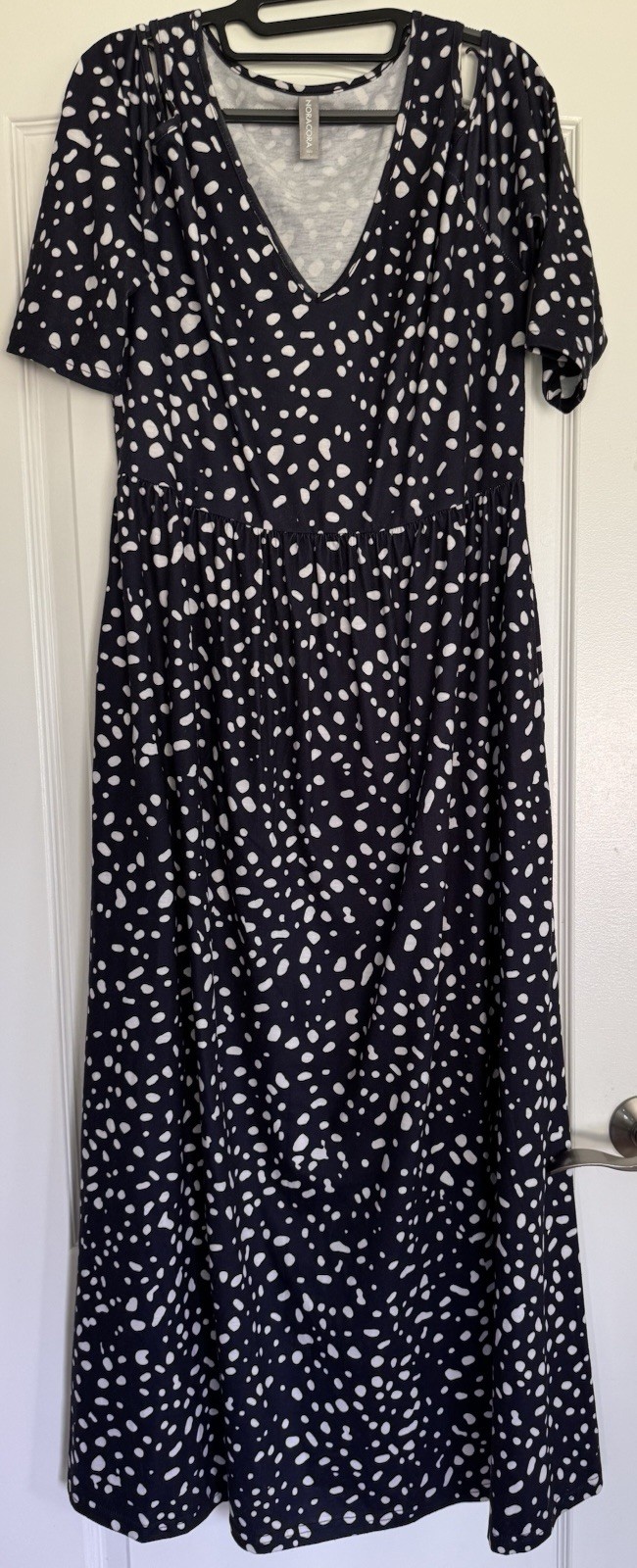 Noracora Womens L Cold Shoulder Maxi Dress Navy White Abstract Print Boho Long