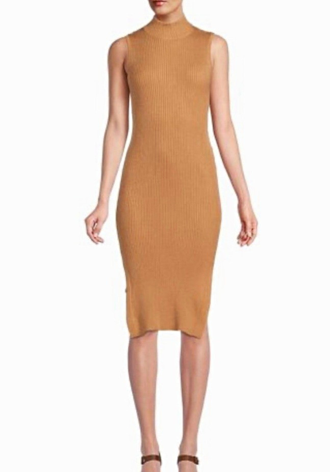 Magaschoni Womens Tan Ribbed Knit Mock Neck Sleeveless Midi Dress S/P