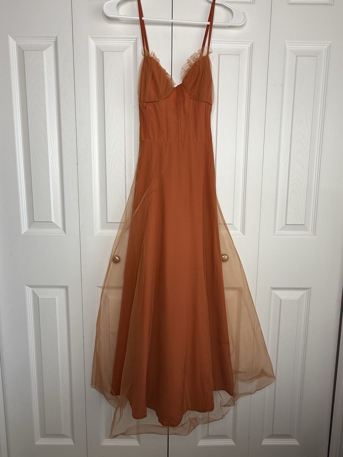 Burnt Orange Corset Style Dress Mesh Tie Back Spaghetti Straps Maxi Gown Sz L