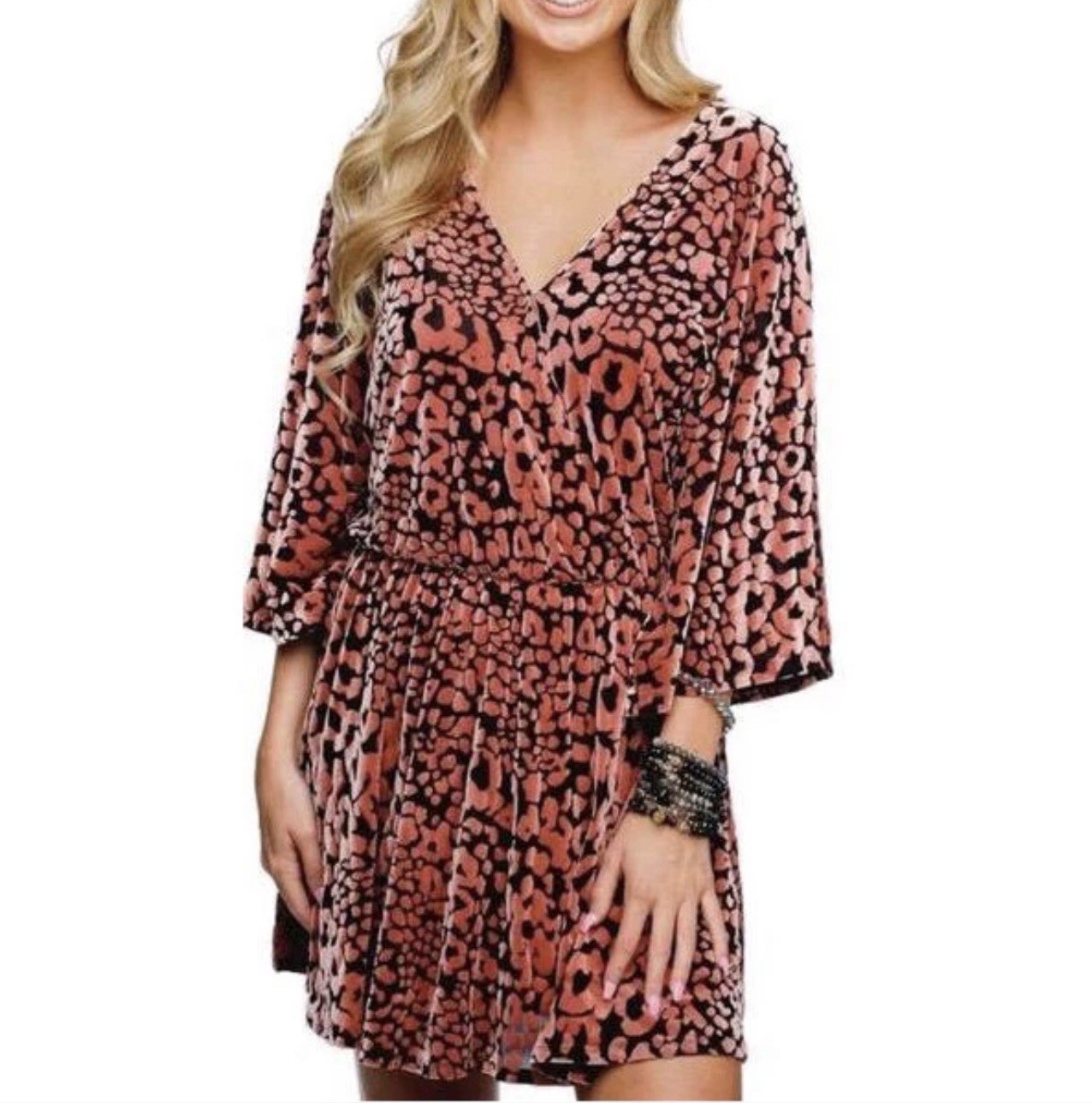BuddyLove Whitney Velvet Feline Print Mini Dress Blush Black Elastic Waist