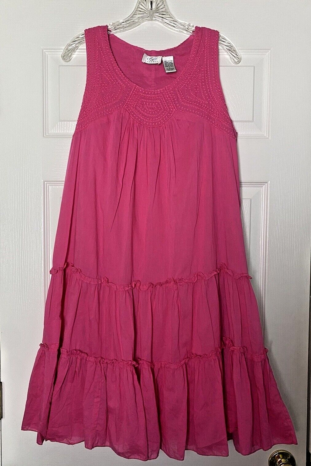 OSO Casuals Barbiecore Sleeveless Tiered Pink Dress Size Large Lined Embroidered