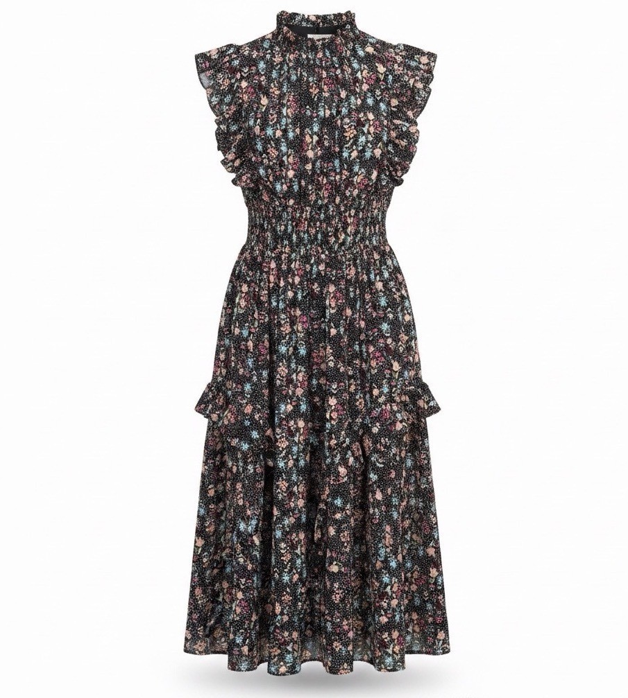 Nanette Lepore Womens Black Floral Midi Dress Ruffled Sleeveless Size 8