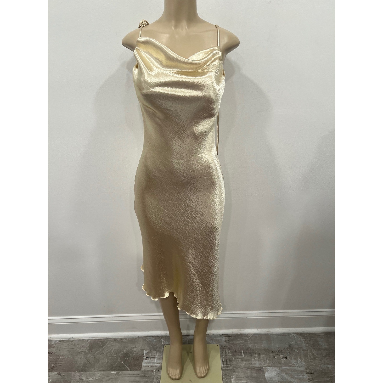 Champagne Gold Cowl Neck Satin Midi Dress Womens Medium Tie Strap