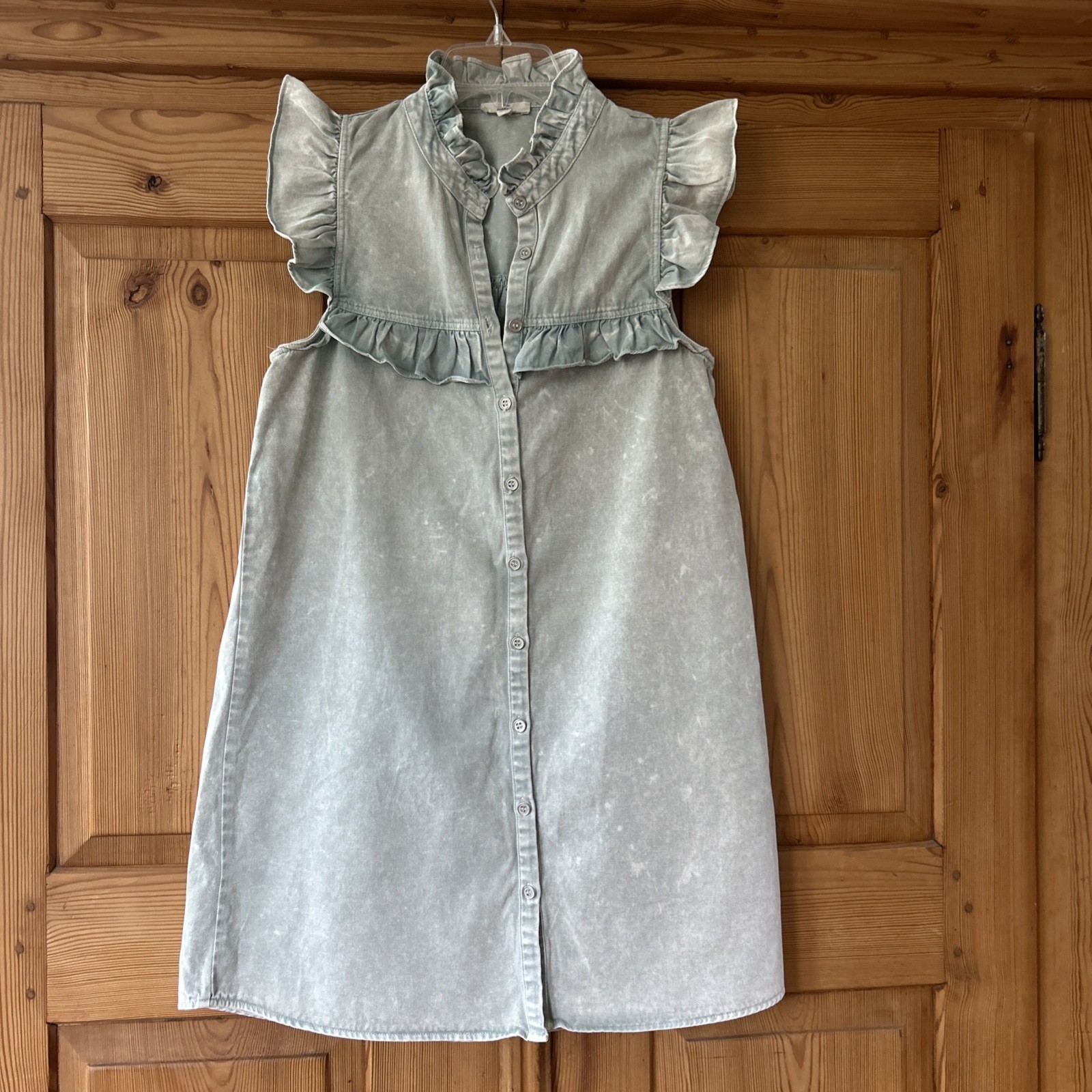 Entro Dress Womens S Pale Blue Distressed Denim Ruffle Button Up Shirt Dress
