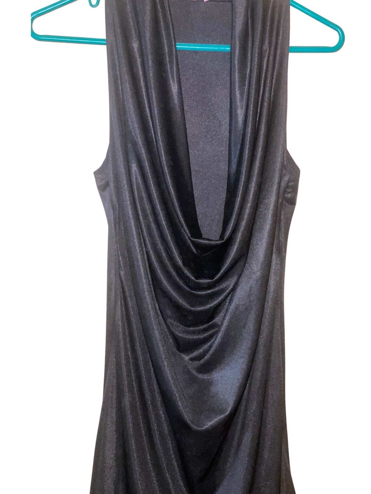 VTG Y2K Xi Black Glitter Jersey Extreme Plunge Cowl Neck Halter Mini Dress EUC S
