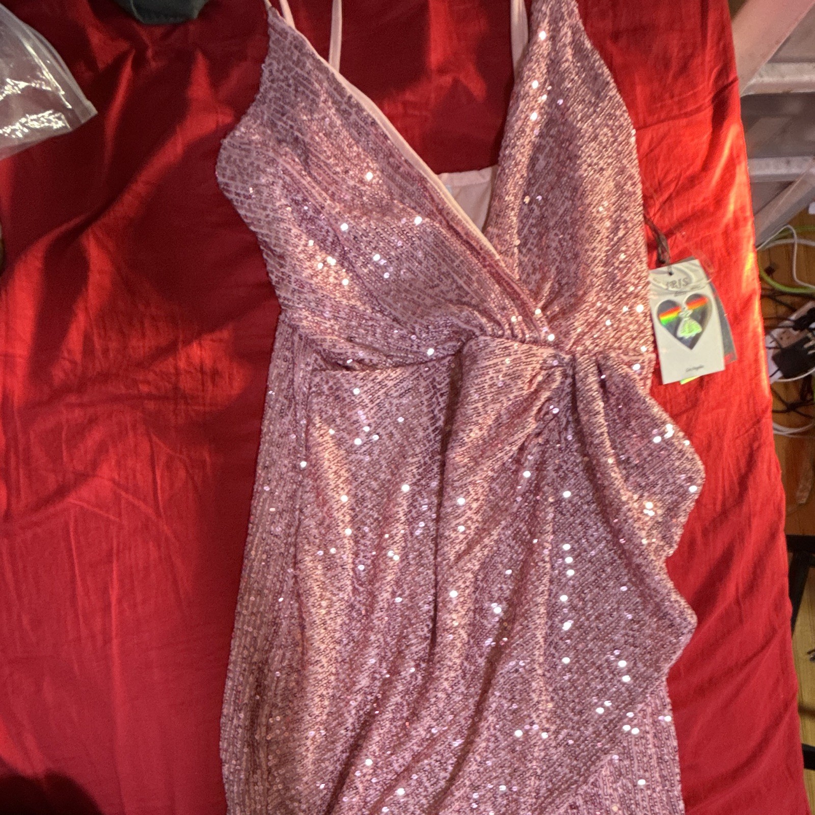 IRIS Pink Sequin V-Neck Bow Lined Bodycon Short Dress Women’s Size S