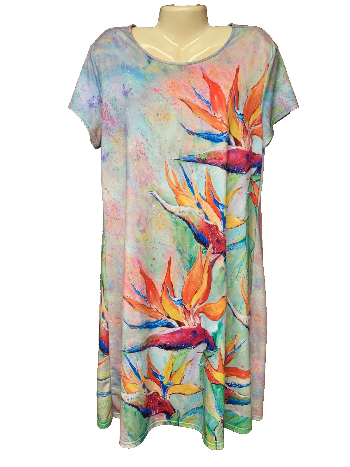 LEOMA LOVEGROVE L WOMEN’S TROPICAL FLORAL BIRDS OF PARADISE SHORT SLEEVE DRESS