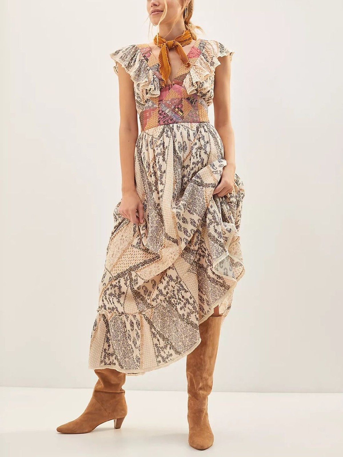 Let Me Be x Anthropologie Quilted Ruffle Patchwork Maxi Dress Size XS *FLAW