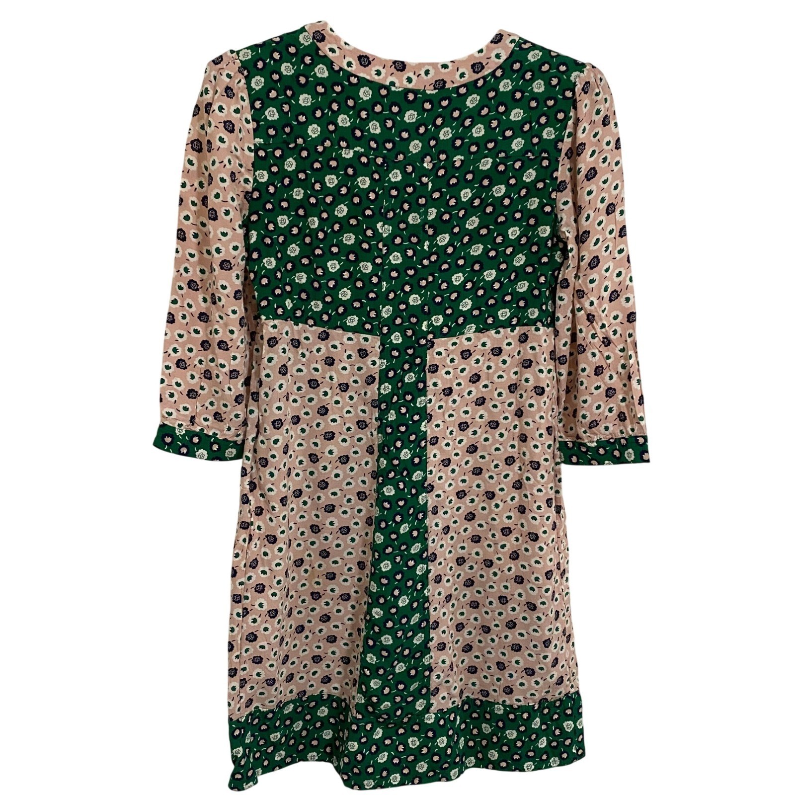 Boden Floral Dress Boho Cottagecore Womens 10 Green Pink Print 3/4 Sleeve V-Neck