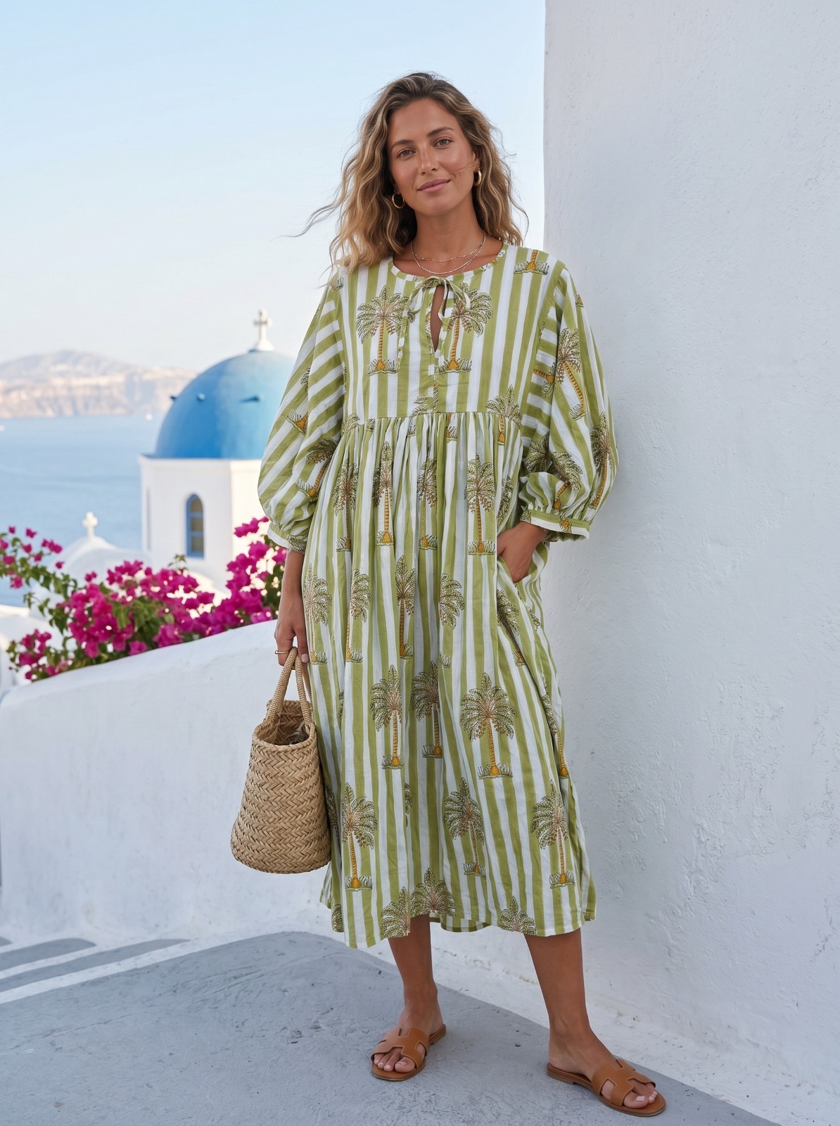 Handmade Blue Striped Cotton Maxi Dress, Boho Balloon Sleeve Dress,