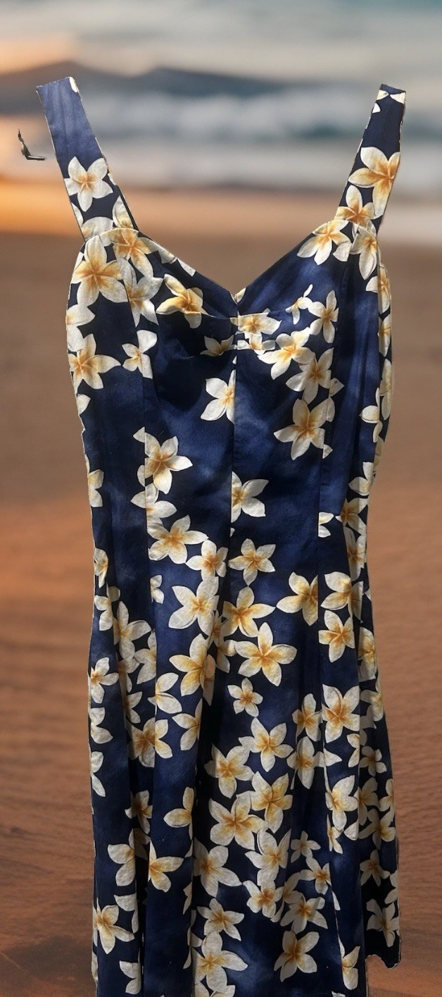 Royal Hawaiian Creations Tropical Navy Blue Dress Smocked Zipper Cotton Sz Large
