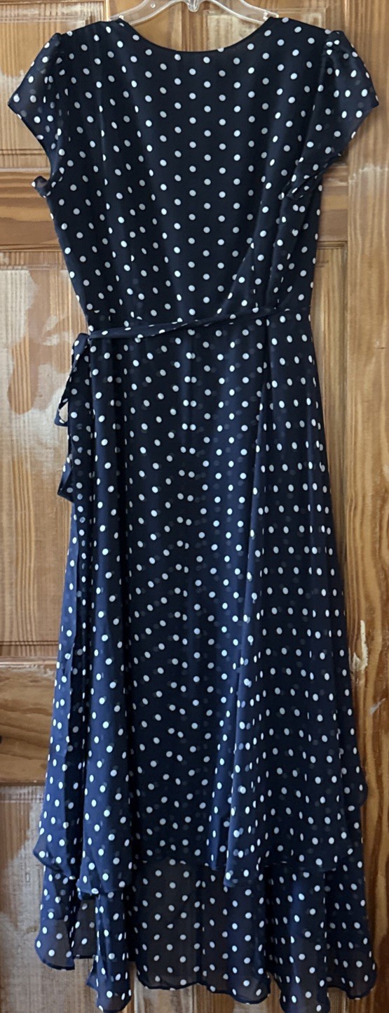 M ABS Collection Allen B. Schwartz Navy Polka Dot Ruffle Lined Midi Wrap dress