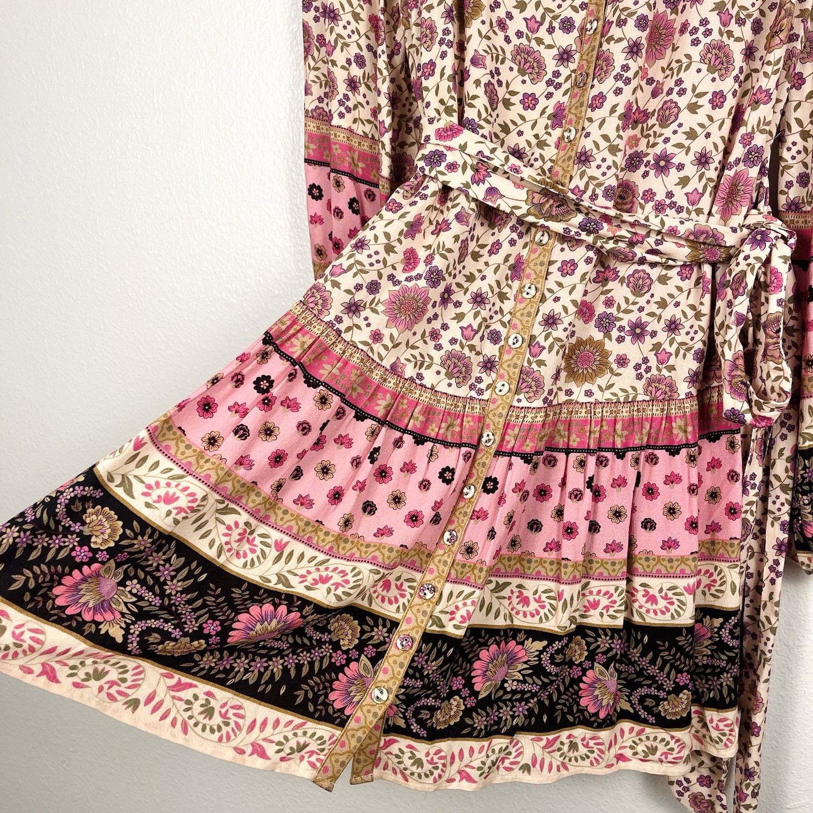 SPELL Small Lady Untamed Pink Floral Belted Long Sleeve Boho Mini Tunic Dress
