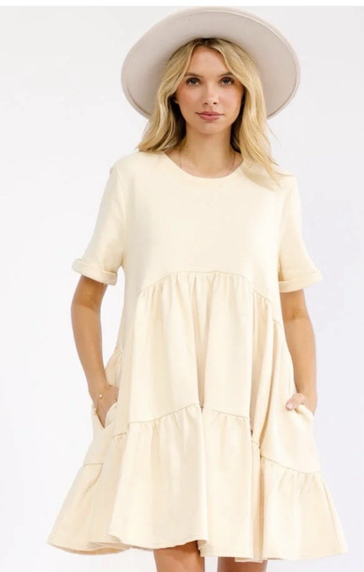 Women’s Ivory Solid Babydoll Tiered Ruffle Mini Dress, S, Pockets, Round Neck