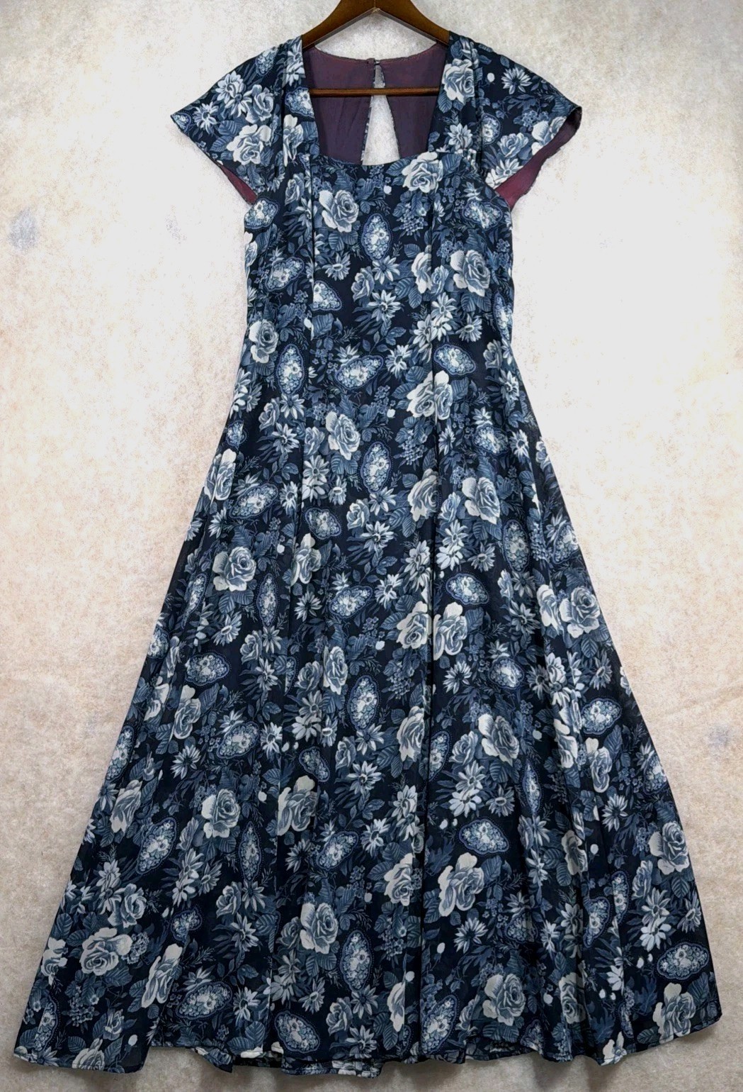 Vintage KARIN STEVENS Dress White And Blue Floral Square Neck Zip Up Maxi Size 8