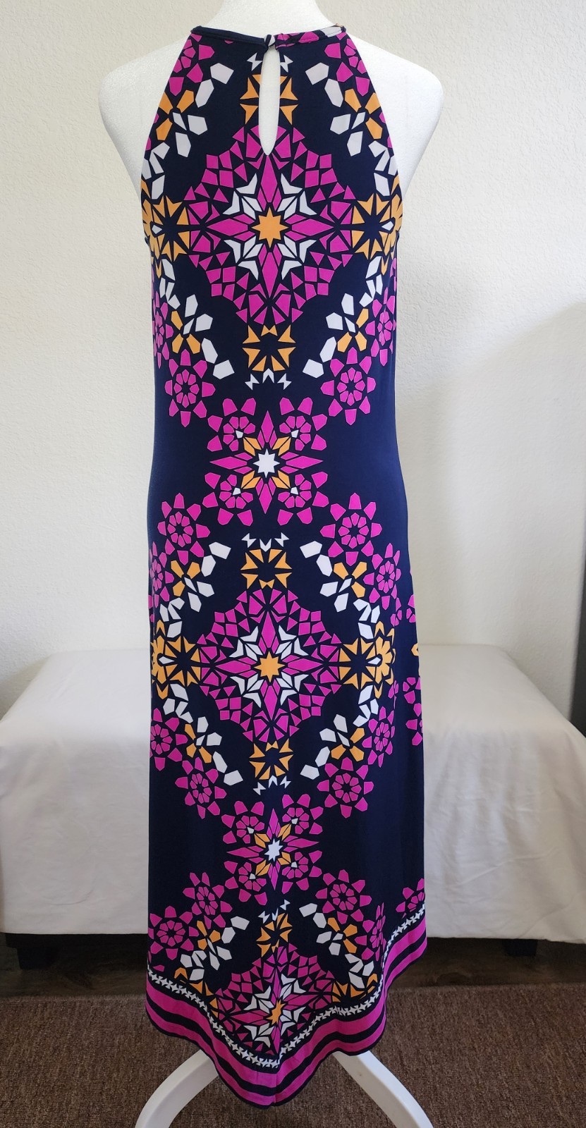 INC Geometric O-Ring Halter High Low Maxi Dress Pink Navy Small