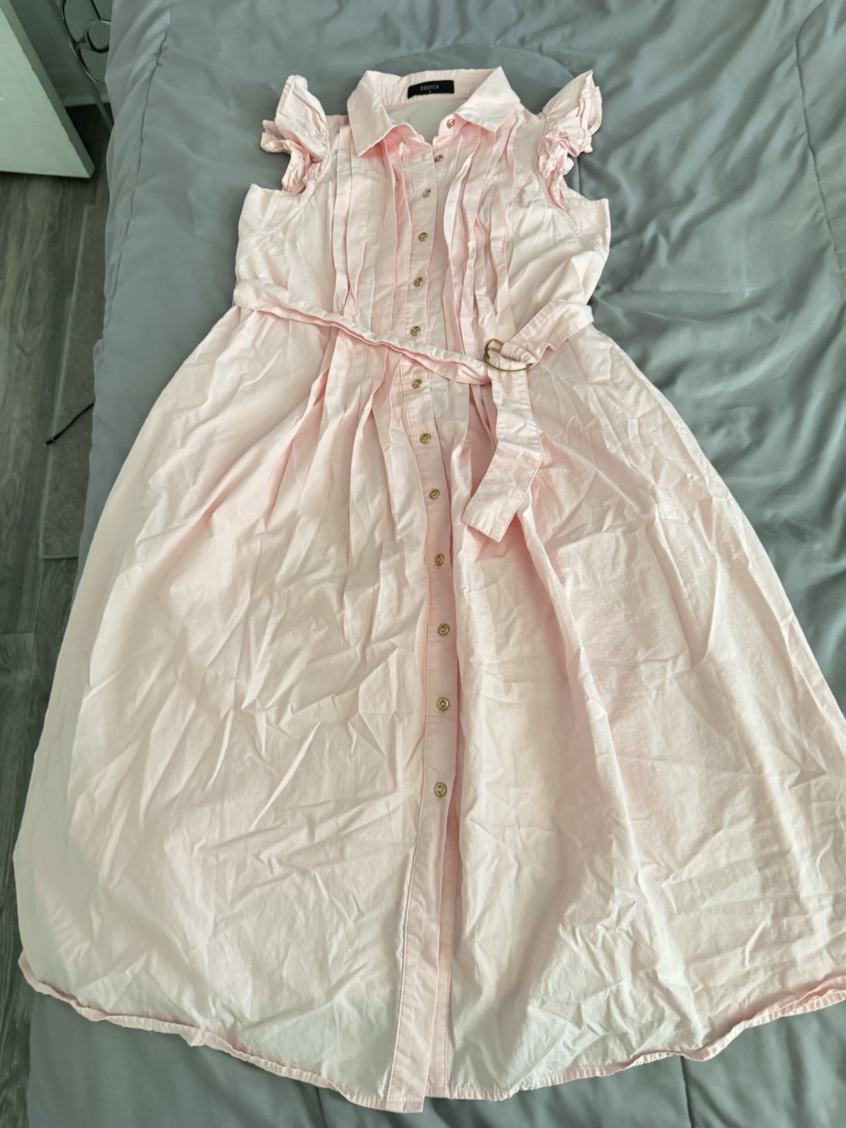 ZESICA Women’s Pink Collared Button Front Shirt Dress Midi Belted Pockets S -M
