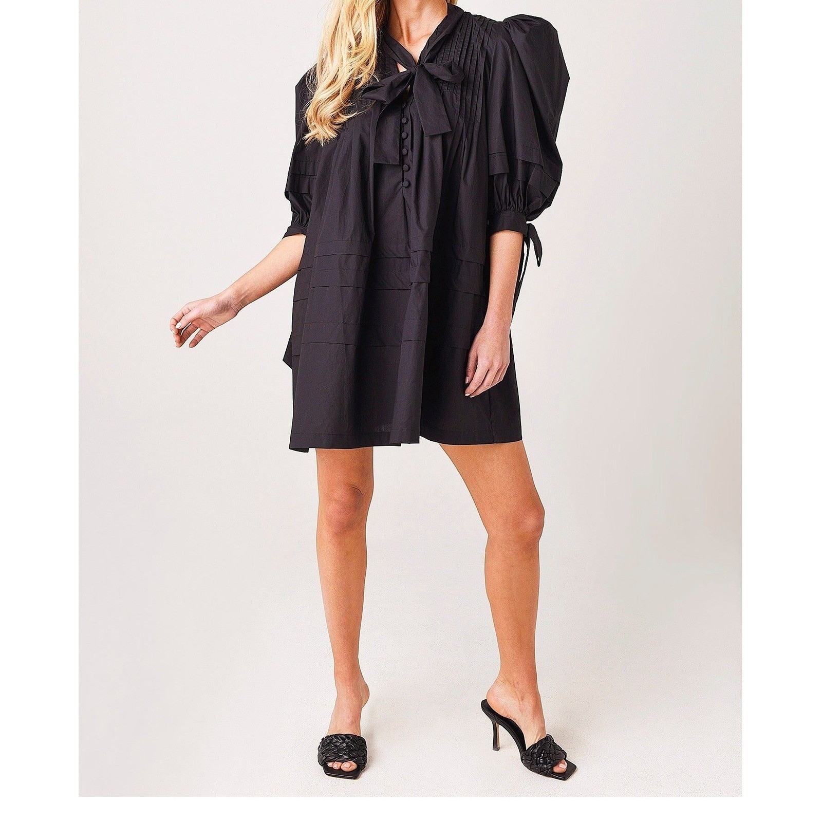 Hunter Bell Jenkins Dress Large Black Cotton Puff Sleeve Bow Pleated NEW $365