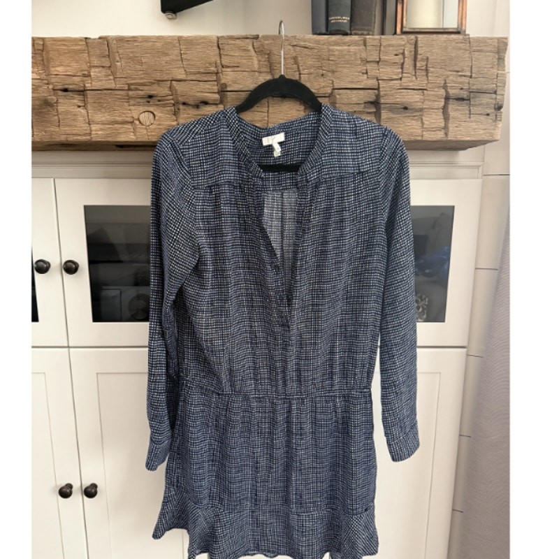 Joie Navy Print Long Sleeve V-Neck Dress Sz M Smocked Waist Knee-Length