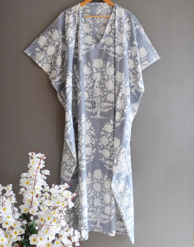 Indian Vintage 100% Cotton Long Beach Maxi Kaftan Dress One Size Caftan Kimono