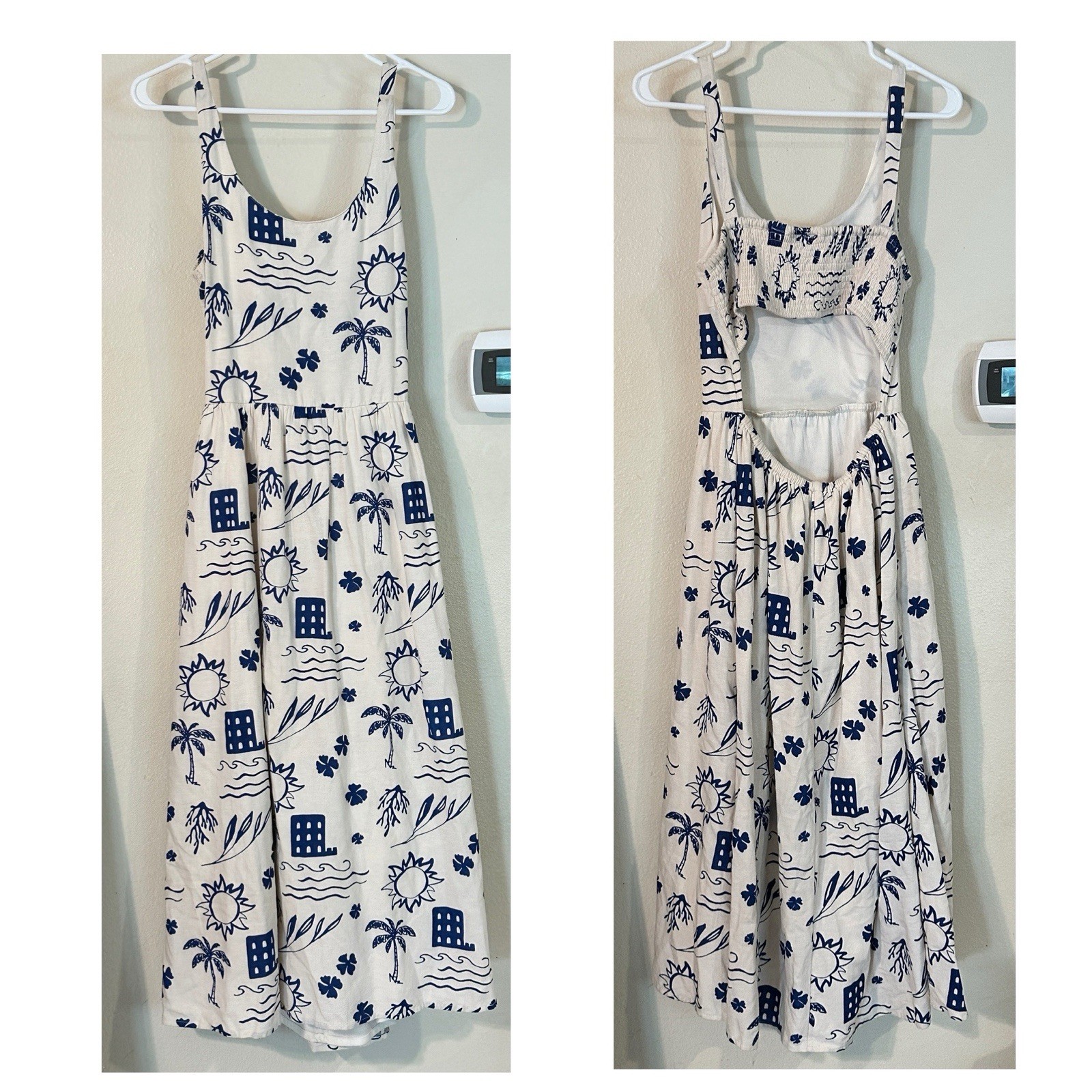 Sincerely Jules M Cottage Core Maxi Dress Romantic Cutout Back Smocked Blue Whit