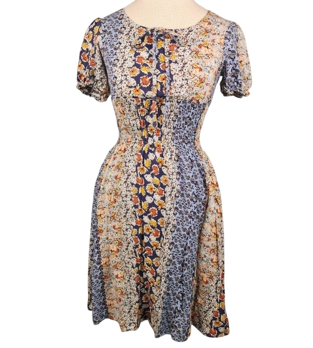 Roolee Midi Dress Women’s XS Floral Stretch Waist Peasant Cottagecore Lined