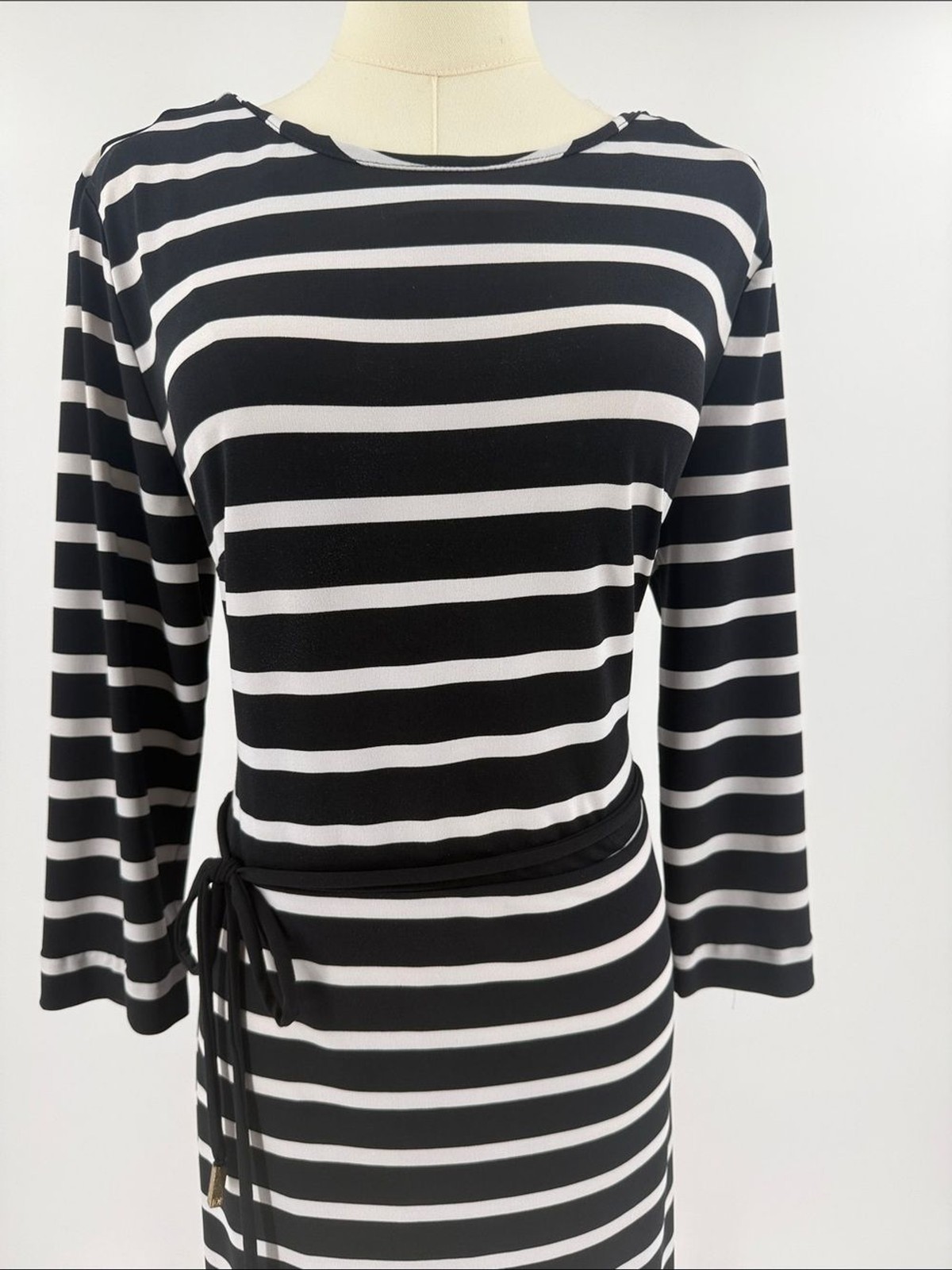 Liz Claiborne Black & White Striped Midi Dress with Pink Hem