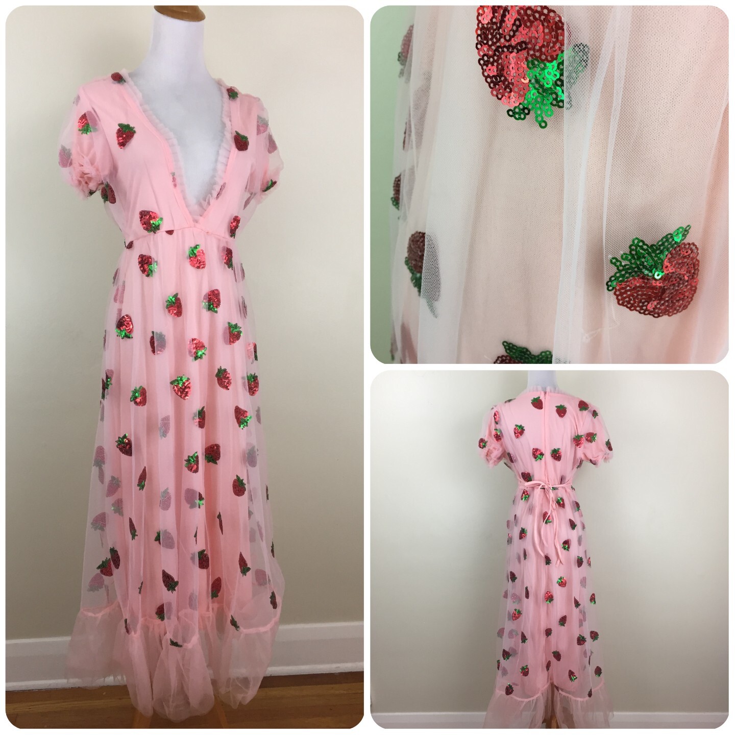 Pink Chiffon Red Green Strawberry Sequin Low V Neck Belted Dress Womens sz Small