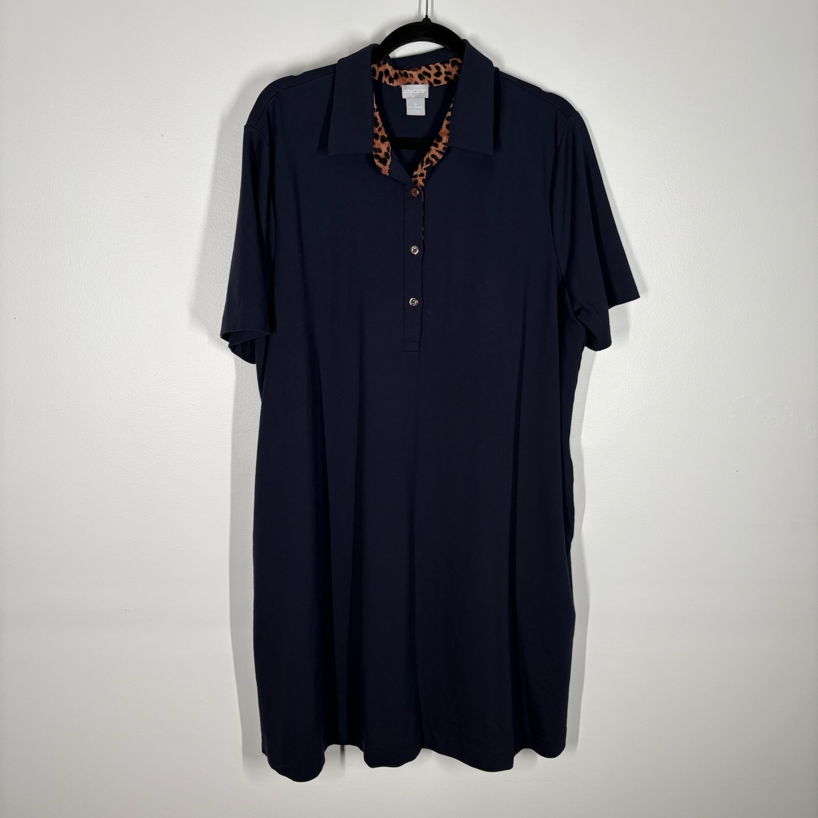 Chicos Sz 4 US 20/22 Navy Blue And Leopard Pockets Short Sleeve Polo Shirt Dress