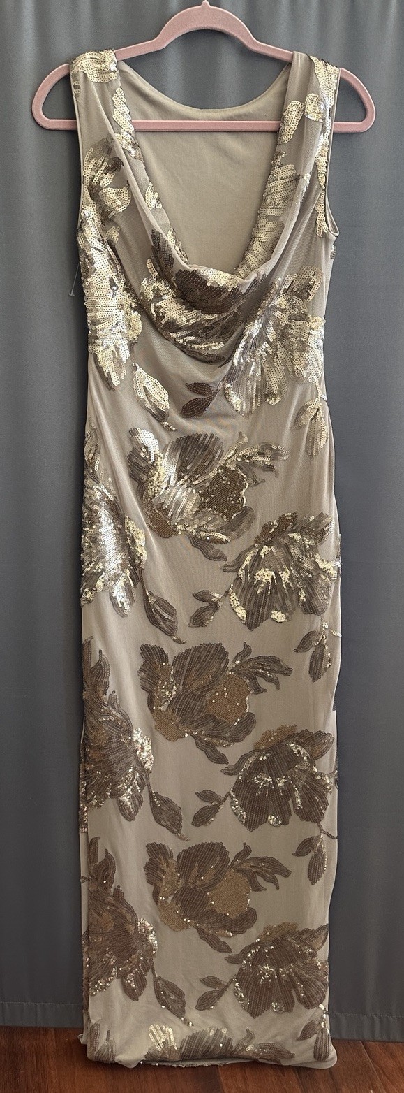 Donna Karan Cowl Back Sequinned Mesh Gown, Beige/dark Clay,Sz 6,New No Tag