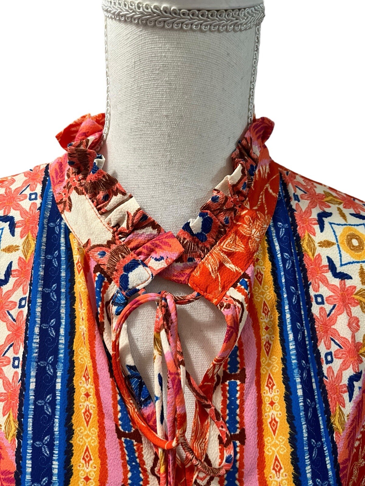 Umgee Orange Multicolor Bohemian Peasant Bell Sleeves Dress/Tunic Keyhole Small