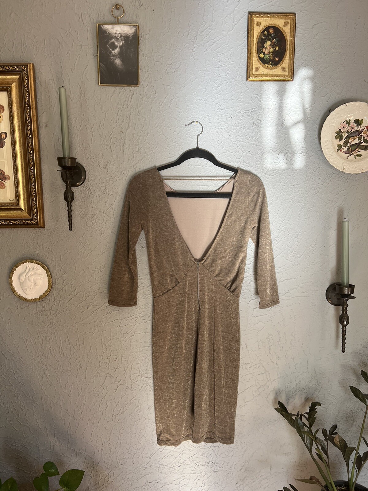 Honey Punch Golden Brown/Olive Open Back Dress size Medium (Small)