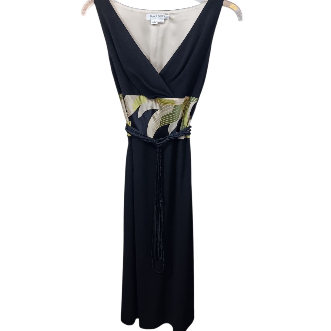 KAY UNGER New York Silk Blend Dress Size 2 Dressy Career Event Woven Belt V-Neck