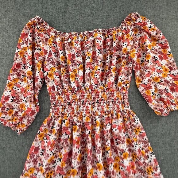 J For Justify Smocked Mini Dress Floral Small rayon Boho Off Shoulder Half Sleev