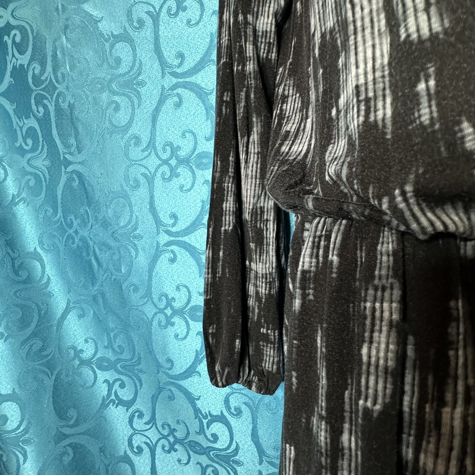 Tart Black Gray Blue Tie Dye Knit Blouson Dress Pockets Drop Waist Women’s L