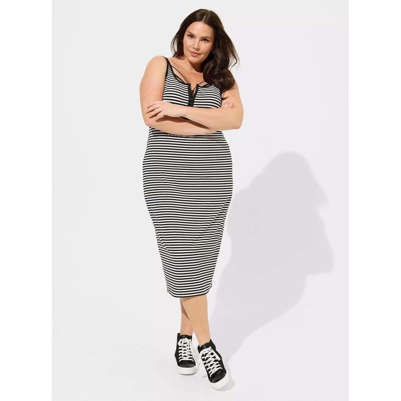 Torrid Black White Striped Ribbed Hook Eye Front Midi Bodycon Tank Dress Womens