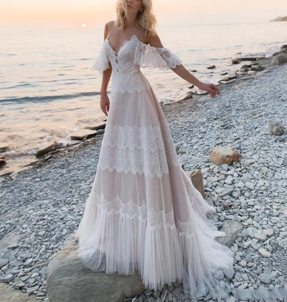 Bohemian Style A Line Beach Wedding Dress Lace Chiffon Applique Prom Ball Gown