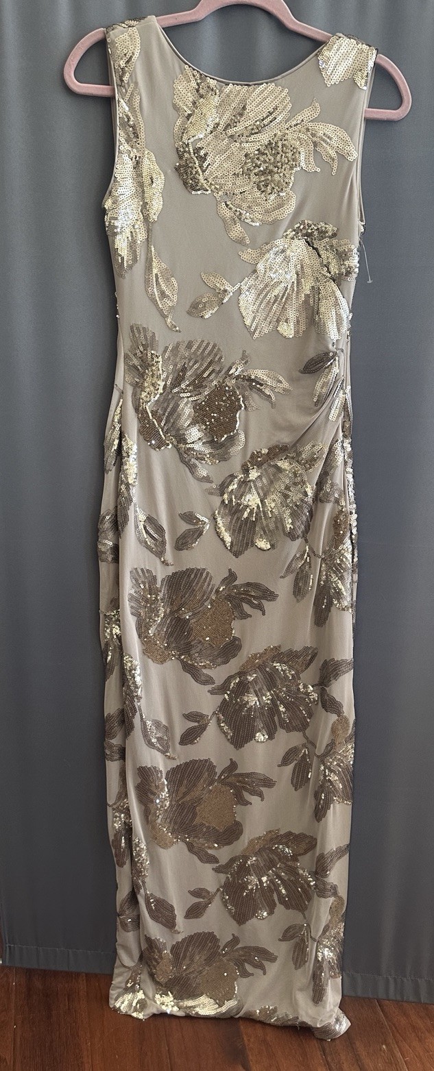 Donna Karan Cowl Back Sequinned Mesh Gown, Beige/dark Clay,Sz 6,New No Tag