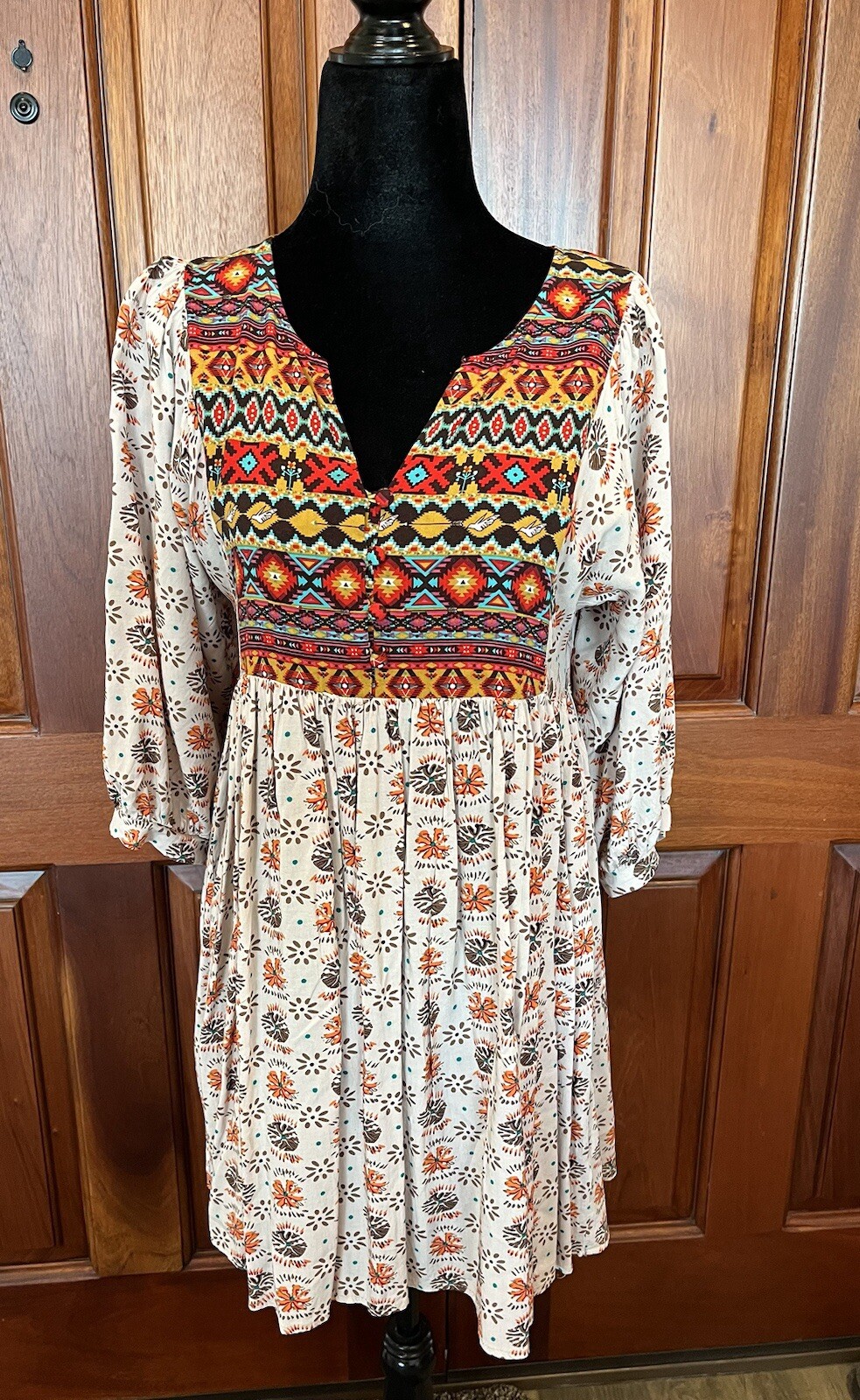 Umgee Aztec Dove Pattern 3/4 Sleeve Tunic Mini Dress Boho Western Rodeo Sz Small