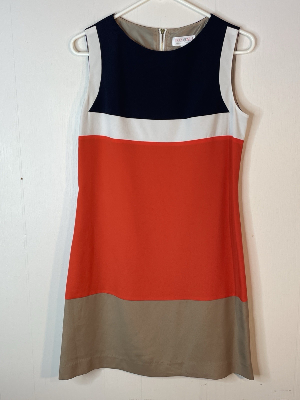 Roz & Ali Dress Women 6 Sheath Style Color Block Orange Tan Navy Lined Career